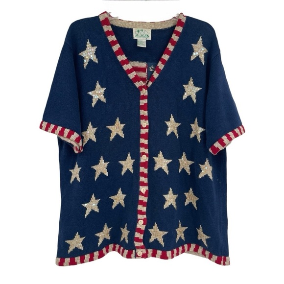 Quacker Factory Sweater Women Size 1X Cardigan USA Flag Stars Americana - Picture 1 of 10